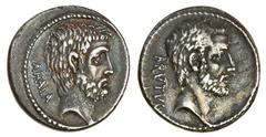 Ancient Coins M. Iunius Brutus (54 BC), AR Denarius, bare head of M. Iunius Brutus right, brvtvs behind, rev. head of C. Servilius Ahala right, ahala behind (RRC 433/2; Sydenham 932; Iunia 30), toned,