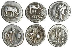 Ancient Coins Julius Caesar, AR Denarius, military mint travelling with Caesar, 49-48 BC, elephant walking right, trampling serpent before, caesar in exergue, rev. priestly implements (RRC 443/1; Syde