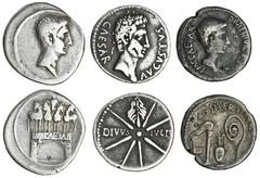Ancient Coins Augustus (27 BC-AD 14), AR Denarii (3), as Octavian, c.36 BC, bare head right, rev. priestly implements (RRC 538/1; Sydenham 1334), another, 30-29 BC, bare head right, rev. Octavian's Ac