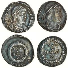 The East Harptree Hoard of 4th Century Silver Coins Jovian (AD 363-364) AR Siliqua,1.99g and 1.80g, Arles, pearl-diademed, draped and cuirassed bust right, d n iovia-nvs p f avg, rev. vot / v / mvlt /