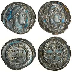 The East Harptree Hoard of 4th Century Silver Coins Valentinian I (AD 364-375), AR Siliqua, 2.14g and 1.80g, Sirmium, 364, pearl-diademed, draped and cuirassed bust right, d n valentini-anvs p f avg, 