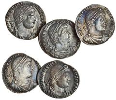 The East Harptree Hoard of 4th Century Silver Coins Valentinian I (AD 364-375), AR Siliqua (5), Lugdunum, 364-367, pearl-diademed, draped and cuirassed bust right, d n valentini-anvs p f avg, rev. res
