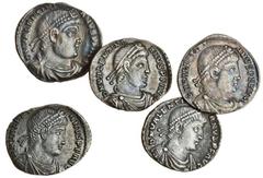 The East Harptree Hoard of 4th Century Silver Coins Valentinian I (AD 364-375), AR Siliqua (5), Lugdunum, 364-367, pearl-diademed, draped and cuirassed bust right, d n valentini-anvs p f avg, rev. res