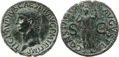 Claudius, AE As, 11.67g, A.D. 42, ti clavdivs caesar avg p m tr p imp p p, bare head of Claudius left, rev. constan[tiae] avgvsti s c, Constantia helmeted and standing left, her right hand raised, hol