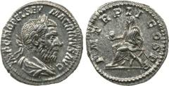 Macrinus, AR Denarius, 3.39g, A.D. 218, imp c m opel sev macrinvs avg, draped and laureate bust of Macrinus right, rev. p m tr p ii cos p p, Macrinus seated left on curule chair, holding globe and sho