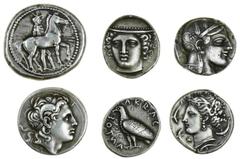 Ancient Coins Electrotype copies (6) of a Didrachm of Akragas, eagle left, rev. crab, a Siculo-Punic Tetradrachm, head of Persephone left amid dolphins, rev. horse's head left, palm tree behind, a Tet