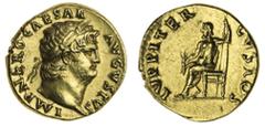 Ancient Coins-Roman Gold Nero (AD 54-68), AV Aureus, 7.35g, Rome, c.66-67, laureate head right, imp nero caesar avgvstvs, rev. ivppiter avgvstvs, Jupiter enthroned left, holding thunderbolt and sceptr