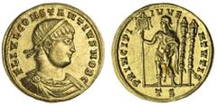 Ancient Coins-Roman Gold Constantius II (AD 337-361), AV Solidus, 4.46g, as Caesar, Thessalonica, 332-3, diademed, draped and cuirassed bust right, fl ivl constantivs nob c, rev. principi ivve-ntvtis,