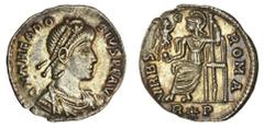 Ancient Coins-Roman Silver Theodosius I (AD 379-395), AR Siliqua, Rome, pearl-diademed, draped and cuirassed bust right, rev. vrbs roma, Roma seated on throne left, holding Victory on globe, and scept