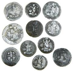 Ancient Coins Sasanian, Shapur I (240-70), Drachms (4), Shapur II (309-79), Drachms (2), Varhran IV (388-99), Drachm, Yazdgard II (438-57), Drachm, Khusru I ( 531-79), Drachm, Khusru II ( 591-628), Dr