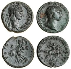 Roman and Byzantine Coins Trajan (98-117), As, Rome (2), 98-99, 11.12g, imp caes nerva traian avg germ p m, laureate head right, rev. tr pot cos ii, Victory walking left, holding shield inscribed spqr
