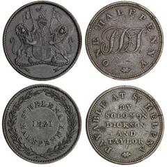 World Coins and Medals St. Helena, East India Company, AE Halfpenny, 1821, Halfpenny Token, issued by Soloman, Dickson and Taylor, undated (1821) (KM 4, Tn.1), the first very fine, the second good fin