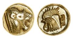 Ancient Coins Lesbos, Mytilene (c. 521-478 BC), electrum Hekte, 2.54g, head of lion right, rev. incuse cockerel head left (SNG 302; Bodenstedt 7), almost extremely fine, rare.