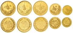 Foreign Gold after 1800 (g) Ottoman Empire, Turkey, gold coins (5) 100-Kurush (3), Abdul Mejid, AH1255/15 [1854] (KM 679); Murad V AH 1293/1 [1876] (KM 715); another, Mehmet V, AH 1327/3 [1912] (KM 75