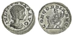 Ancient Coins Julia Paula (219-220), AR Denarius, 3.43g, Rome, ivlia pavla avg, draped bust right, rev. concordia avgg, Concordia seated left, holding patera and double cornucopiae (RIC IV, part 2, no