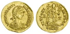 Ancient Coins Valentinian III (425-455), AV Solidus, 4.44g, Ravenna, diademed and draped bust right, rev. Emperor standing facing, foot on serpent, holding long cross and Victory on globe, r-v in fiel