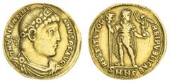 Ancient Coins Valentinian I (364-375), AV Solidus, 3.83g, Nicomedia, AD 364-367, officina letter s, diademed, draped and cuirassed bust right,rev. Valentinian in military attire, holding labarum and V