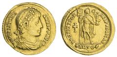 Ancient Coins Valentinian I (364-375), AV Solidus, 4.46g, Antioch, AD 364-367, officina , diademed, draped and cuirassed bust right, rev. Valentinian in military attire trampling captive, holding laba