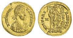 Ancient Coins Honorius (393-423), AV Solidus, 4.46g, Mediolanum, c. AD 394-395, diademed, draped and cuirassed bust right, rev. Honorius in military attire trampling captive, holding labarum and Victo