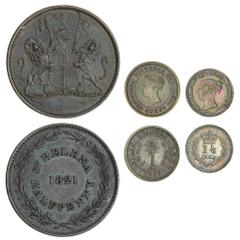 Indian Coins (x) Great Britain, Colonial, 1½-Pence, 1843 (KM 728), extremely fine; East India Company, St. Helena, AE Halfpenny 1821 (KM A4), about uncirculated; Ceylon, Quarter-Cents (2), 1898, 1901 