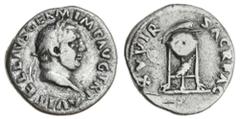 Ancient Coins-Roman Silver Vitellius (69 AD), AR Denarius, 2.98g, a vitellivs germ imp avg trp laurete head right, rev. xv vir sacr fac, tripod-lebes, dolphin above, raven below (RSC 111; RIC 109), go