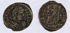 Ancient Coins-Roman Silver Valens (364-378 AD), AR Siliqua, 1.87g, dn valens pf avg, pearl diadem, draped and cuirassed bust right, rev. vrbs roma, Roma seated left on cuirass, holding Victory on glob