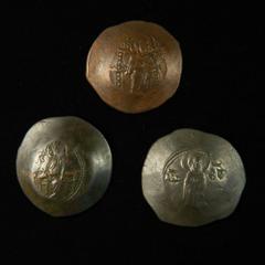 Manuel I (A.D. 1143-1180), Billon Aspron Trachy, 4.47g, Constantinople, Christ enthroned facing, rev. Manuel, holding labarum and globus cross, standing facing alongside the Virgin who crowns him (Sea