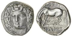 Ancient Coins Thessaly, Larissa (c. 356-342 BC), AR Drachm, 6.10g, head of nymph Larissa three-quarters left, wearing ampyx, rev. horse grazing left, about to roll, plant beneath, api above, ain retro