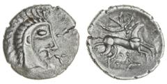 Ancient Coins Iceni, uninscribed coinage (c. 50-10 BC), silver Unit, 'Norfolk God' type, 1.19g, crude male head right, 'with moustache', rev. horse right, quatrefoil above and below (VA 792-94; S.434;