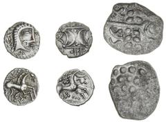 Ancient Coins Iceni, uninscribed coinage (c. 50-10 BC), silver Units (2), 'Norfolk God' type, 1.25g, crude male head right, 'with moustache', rev. horse right, quatrefoil above and below (VA 792-94; S