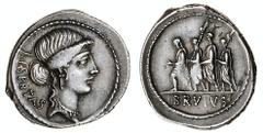 ROMAN COINS M. Junius Brutus, 54 BC, AR Denarius, 3.96g, head of Libertas right, libertas behind, rev. consul L. Junius Brutus walking left between two lictors, preceded by an accensus, brvtvs (Craw 4