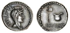 ROMAN COINS M. Junius Brutus, 42 BC, AR Denarius, 3.74g, military mint moving with Brutus and Cassius in the East, draped and veiled bust of Ceres right, surmounted by modius, l. plaet. cest behind, r