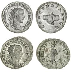 ROMAN COINS Herennius Etruscus, as Caesar (250-251 AD), AR Antoninianii (2), both with radiate bust draped right, rev. two clasped hands, 3.49g (RSC 4; RIC 138) and Herennius standing left, holding wa