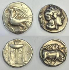 ANCIENT COINS Lucania, Thurium {Thourioi} (c. 350-281 BC), AR Didrachm or Nomos, 7.20g, Athena in Corinthian helmet right, rev. bull butting right (HN {Italy} 1813; SNG {ANS}, 1056-57), fine; addition