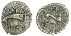 CELTIC COINS: THE PROPERTY OF A GENTLEMAN Iceni, uninscribed coinage (c. 50-15 BC), silver Unit, 0.91g, boar right pellets above and below, rev. horse right, four spoked wheel above, hook shaped ornam