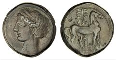 Greek Coins (x) Carthage, Second Punic War (c. 203-201 BC), BI Tridrachm, 10.64g, wreathed head of Tanit left, rev. Horse standing right; palm tree in background (MAA 44; SNG Copenhagen 191; C C Lorbe