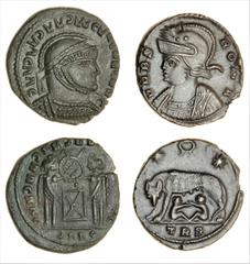 Roman Coins (x) Constantine I, Commemorative Series (330-335), Æ Nummus, 17mm., 3.02g, 5h, Treveri, 2nd Officina, c. AD 333-334, helmeted and mantled bust of Roma left, rev. She-wolf suckling the twin