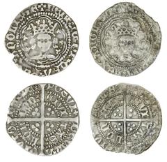 Hammered - English Silver Henry V (1413-22), Halfgroats (2), Light Coinage, Tower, class E, 1.74g, 7h, m.m. pierced cross (on obv. only), broken annulet to left of crown, mullet on breast, rev. quatre