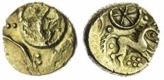 Celtic Coins Iron Age Britain, Iceni, uninscribed (65-45 BC), 'Freckenham Flower' AV Stater, wheel at centre of quadrilateral, rev. hairy horse right, wheel above, pellet-wheel below, 5.32g (Mack 408;