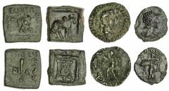 INDO-GREEK KINGDOMS Indo-Greek, Apollodotus I (c.160-150 BC), square AE Unit, bull / caduceus, Menander (c. 160-145 BC), Drachm, reduced size, possibly base metal, helmeted bust right / Athena, square