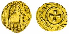 Continental Tremisses Merovingia Francia, National Series, AV Tremissis, uncertain legend with block lettering and recumbent Ss, crude diademed and draped bust right, with square drapery, legend uncer