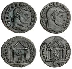 The Hanlon Collection of Ancient Greek, Roman and Byzantine Coins The Hanlon Collection | Roman Empire, Maxentius, 306-312AD, AE Follis (2), Laureate Head R. rev ( I ) Roma seated in hexastyle temple,