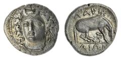 Ancient Greece and the Hellenistic Empires Thessaly Larissa, AR Drachm, 344-337 BC, Head opf the nymph Larissa 3/4 left, wearing ampyx and necklace, rev LARIS above, AION in exergue, horse right, abou