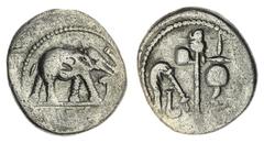 The Roman Republic Roman Republic Julius Caesar, AR Denarius, 49-48BC, Elephant right, trampling serpent, CAESAR in exergue, rev Emblems of the pontificate: simpulum, aspergillum, securis (surmounted 