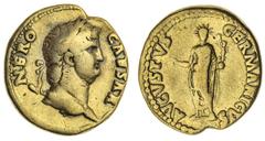 The Roman Empire Nero (54-68), AV Aureus, AD 64-65, Rome, NERO AVGVSTVS, laureate head right, rev. AVGVSTVS GERMANICVS, Nero radiate and togate standing facing, holding branch and Victory on globe, 7.