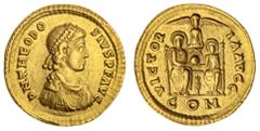 The Roman Empire Roman Empire Theodosius I, 379-395, AU Solidus, Pearl Diademed, draped and cuirassed Bust right, D N THEODOSIVS P F AVG in legend, rev Theodosius and Gratian enthroned, both holding g