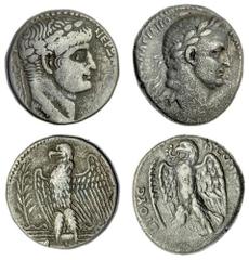 The Roman Empire Lot of 2 Roman Provincial tetradrachms, ; ( I ) Vespasian, 69-79AD, Laureate bust right, rev eagle with spread wings, facing, head left, laurel wreath in mouth, palm frond to left, 15