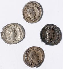 Ancient Coins Herennius Etruscus, as Caesar, antoniniani, Rome, AD 250-251 (4): Q HER ETR MES DECIVS NOB C, radiate and draped bust r., rev. PRINCIPI IVVENTVTIS, Prince standing l., holding baton and 