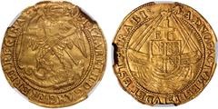 British Gold Elizabeth I, sixth issue, angel, mm. escallop over A on each side (1583-1587), beaded inner circles, St. Michael slaying the dragon, ELIZABETH D G ANG FR ET HIB REGINA, rev. ship bearing 