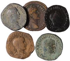 Ancient Coins Sestertii (5), including Antoninus Pius, Rome, AD 158-159, ANTONINVS AVG PIVS P P TR P XXII, laureate head r., rev. TEMPLVM DIV AVG REST, cult images of Divus Augustus and Diva Livia wit